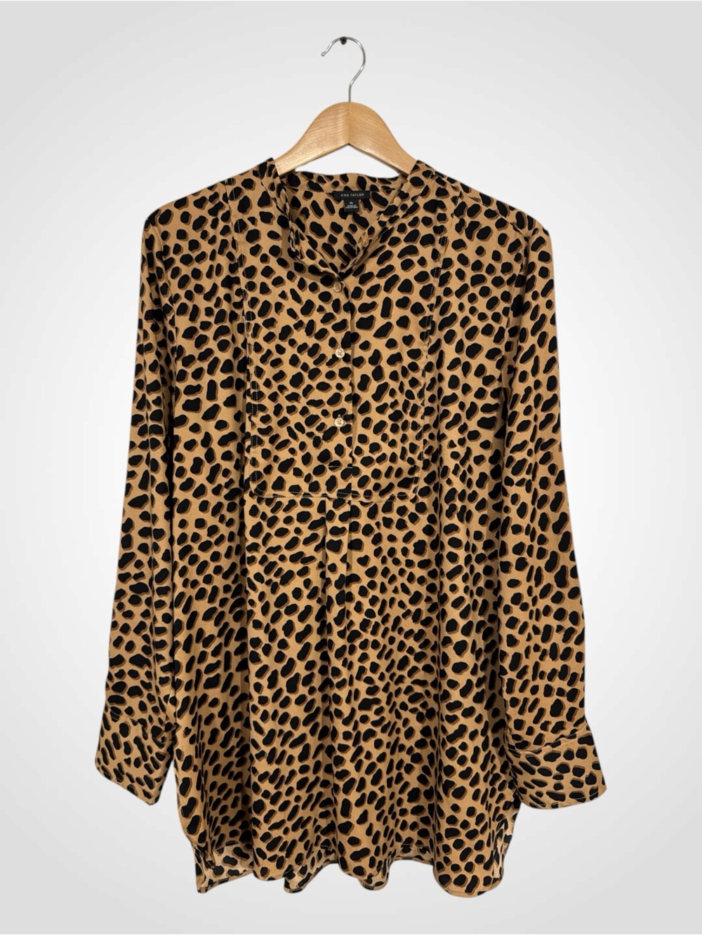 WSH126 {Ann Taylor} Brown Black Animal Cheetah Print Long Sleeve Button Up Tunic